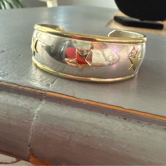 Mexico Sterling Silver Two Tone Star Cuff Bracelet - Picture 3 of 13
